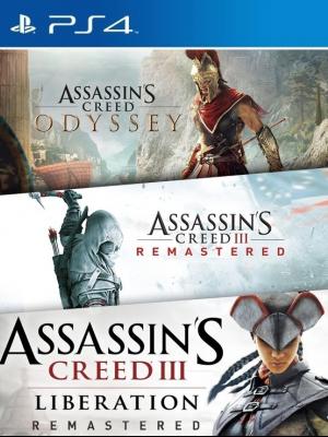 3 JUEGOS EN 1 Assassins Creed Odyssey MAS Assassins Creed III REMASTERED MAS Assassins Creed Liberation REMASTERED PS4