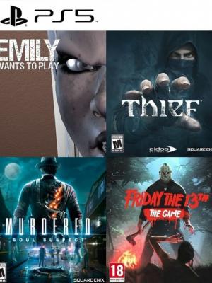 4 juegos en 1 Emily Wants To Play mas Thief mas Murdered: Soul Suspect mas Friday the 13th: The Game PS5